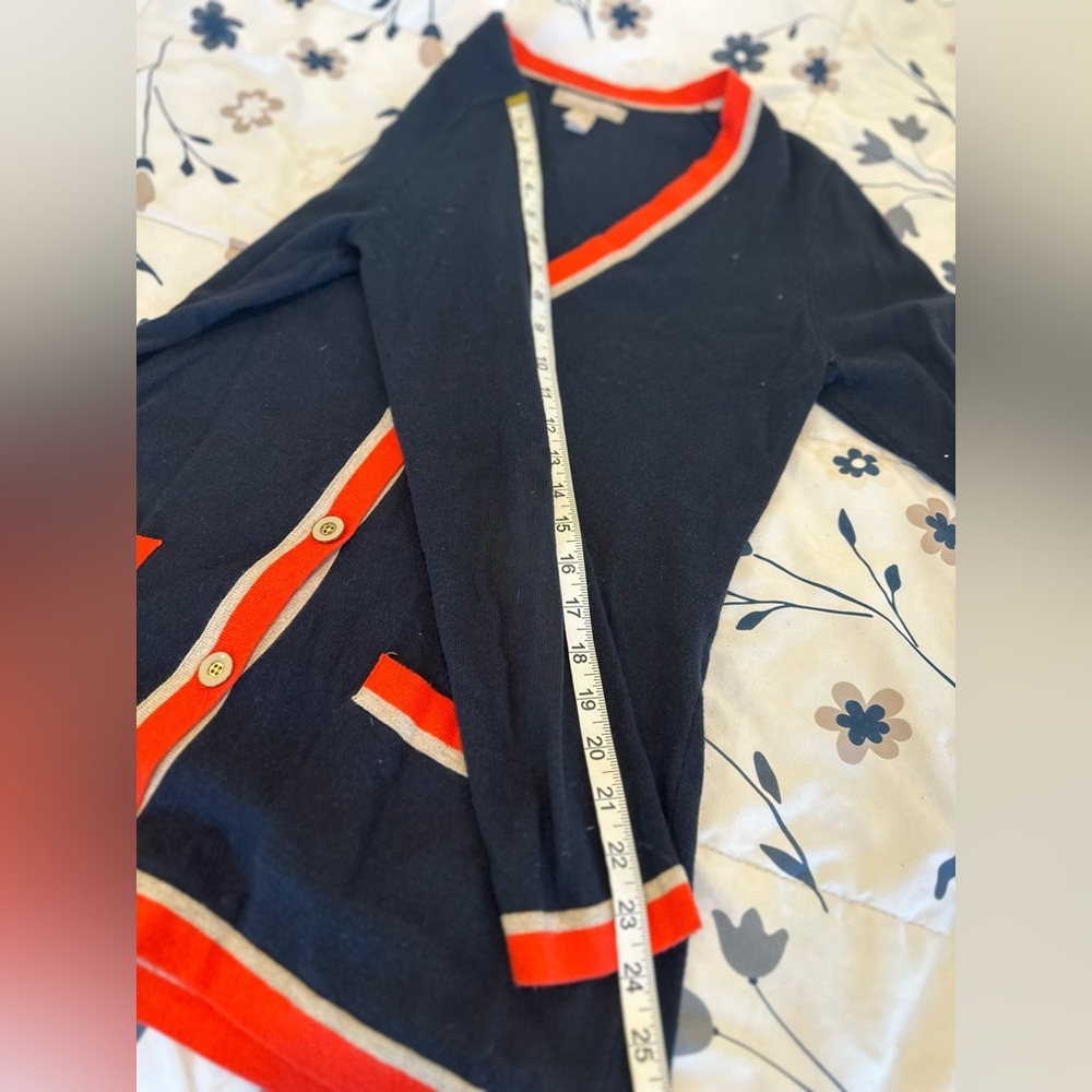Banana Republic Sz:M Tunic Vneck Cardigan Button sweater navy/Orange/ Gray Trim. - Picture 5 of 9